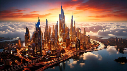 Futuristic Mega City Skyline at Sunset Above the Clouds – Sci-Fi Urban Metropolis Concept Art with Skyscrapers and Highways