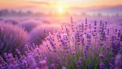 Obraz premium A serene lavender field at dawn with soft pink hues and delicate purple flowers swaying gently in the morning breeze , pink, soft