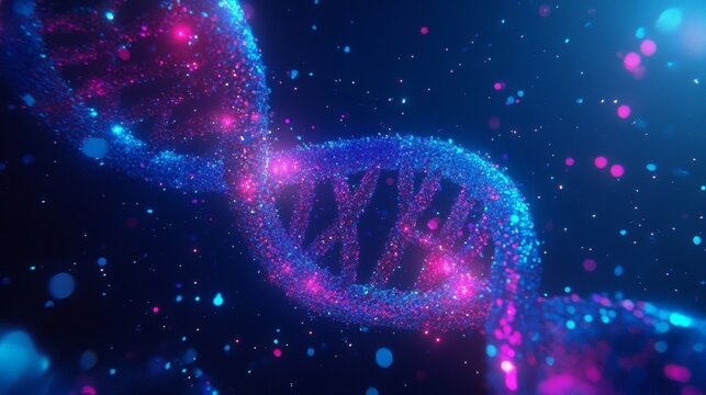 glowing dna strand in dark space
