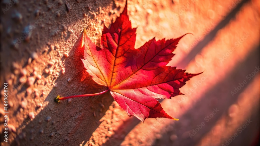 Poster a single red maple leaf adorned with golden veins resting on a textured wall in the warm glow of sun