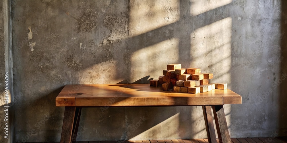 Poster a wooden table with a stack of blocks sits against a weathered concrete wall bathed in warm sunlight