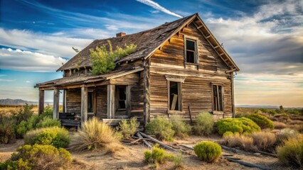 Obraz premium A decrepit wooden house with a crumbling facade and overgrown vegetation stands alone in a desolate landscape surrounded by dust and debris , long, wooden