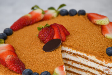 Layered Medovik Honey Cake with strawberry and blueberry slice isolated on grey background closeup...