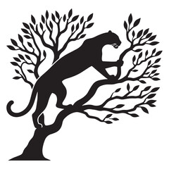 Tree-climbing jaguar silhouette showcasing feline strength and balance – tree-climbing jaguar vector – tree-climbing jaguar illustration – silhouette of tree-climbing jaguar


