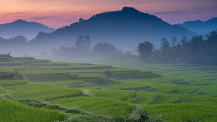 Fototapeta premium Misty Sunrise over Lush Green Rice Terraces and Mountains