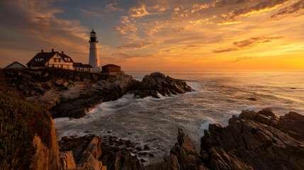 Fototapeta premium Lighthouse on rocky coast with golden dawn sky