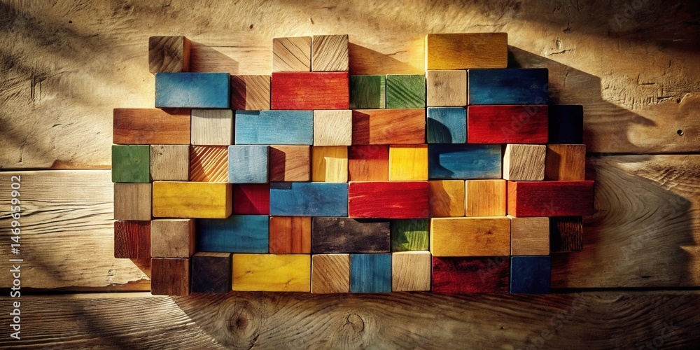 Poster A Colorful Arrangement of Wooden Blocks in a Random Pattern Against a Natural Wood Background