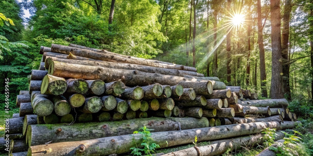Poster a stack of logs in a forest, bathed in the warm light of the setting sun