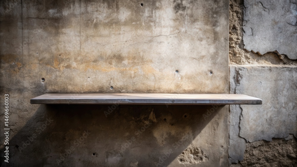 Poster A rustic concrete wall with a simple shelf, providing a textured backdrop for showcasing products or designs.