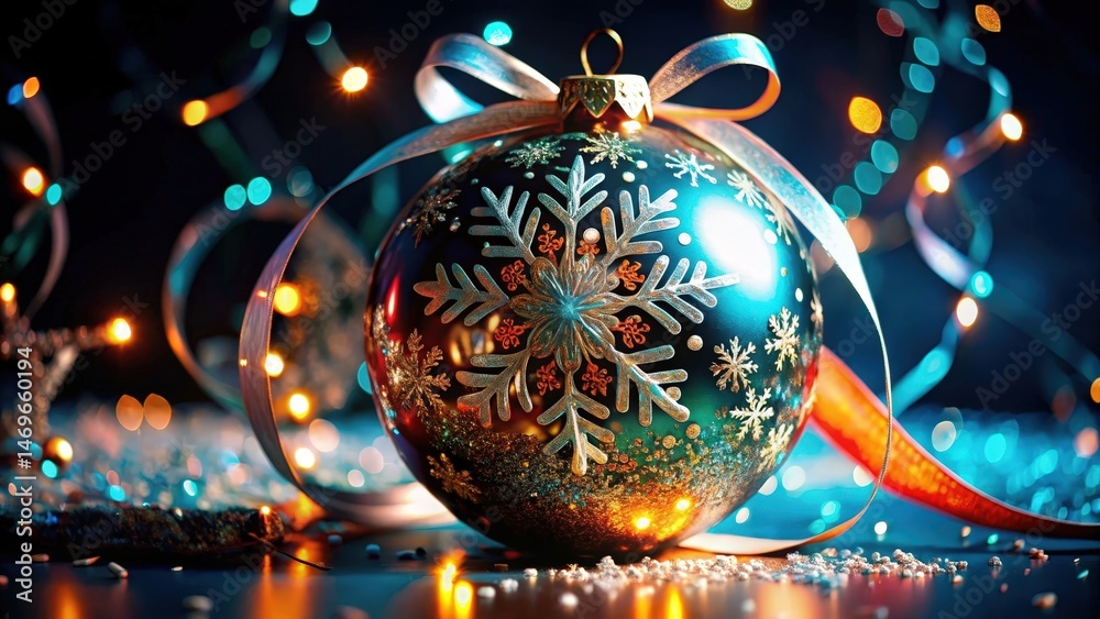 Aufkleber a shiny blue ornament with a glittering snowflake design adorned with a ribbon and festive lights