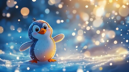 Cute penguin in snowy landscape, festive bokeh background, children's book illustration