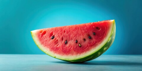 Fresh watermelon slice with juicy pulp and green rind on a blue background, perfect for summer recipes , food
