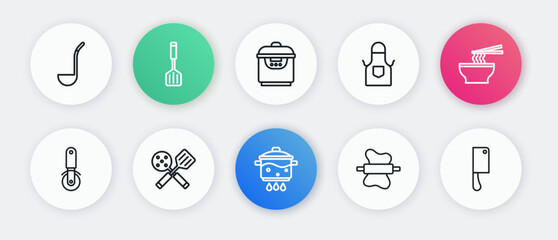 Set line Cooking pot on fire, Asian noodles bowl, Pizza knife, Rolling pin dough, Kitchen apron, Slow cooker, Meat chopper and Spatula icon. Vector