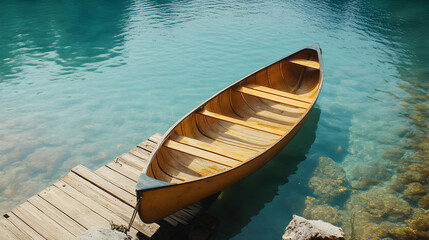 Obraz premium Wooden canoe resting near an old wooden pier with serene turquoise water
