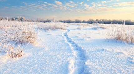 A serene winter landscape with a snow-covered field, a path, and a line of trees in the distance.