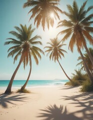 Obraz premium Sun-drenched palm trees, soft sand, turquoise ocean Vintage film grain adds warmth , wave, holiday