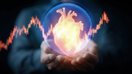 A Person's Hands Gently Hold a Glowing 3D Model of a Human Heart with an Overlay of a Stock Market Chart - Powered by Adobe