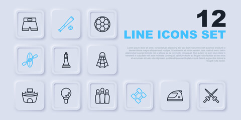 Set line Racing helmet, Fencing, Chess, Dumbbell, Kayak and paddle, Golf ball on tee, Baseball bat with and Bowling pin icon. Vector