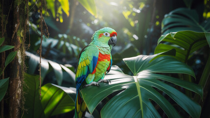 Vibrant Green Parrot Perched on Lush Tropical Leaf