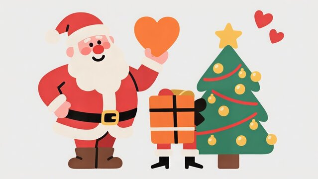 Colorful, cute, and minimalist flat vector illustration showing Santa Claus holding an orange heart. Set against a white background, the scene includes a Christmas tree and presents in the background.