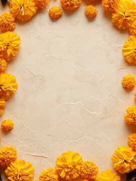onam ornaments pookolam and marigold garland with empty beige blank space