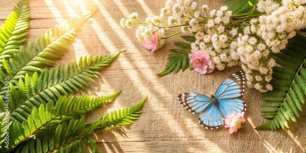 Aufkleber sunlight streams through a window, illuminating a delicate blue butterfly perched amidst a cluster o