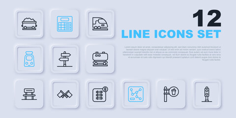 Set line Cafe and restaurant location, Train traffic light, Road sign, Railway map, railway, Flag, station board and Online ticket booking icon. Vector