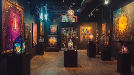 mystical art gallery featuring fantasy-inspired paintings, glowing crystals, and mythical sculptures