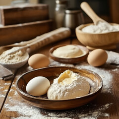 Fototapeta premium eggs, cream, dough lie in plates on the kitchen table