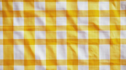 Close-up of a yellow and white checkered fabric. Soft texture and light.