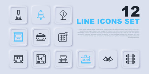Set line Flag, Railway, railroad track, Coal train wagon, station, Ticket office to buy tickets, map, Train bell and Waiting hall icon. Vector