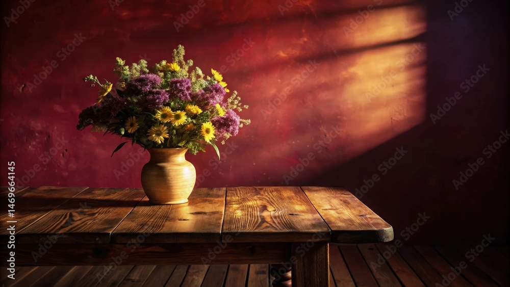 Leinwandbilder a rustic wooden table with a vase of colorful flowers, set against a backdrop of textured red walls 