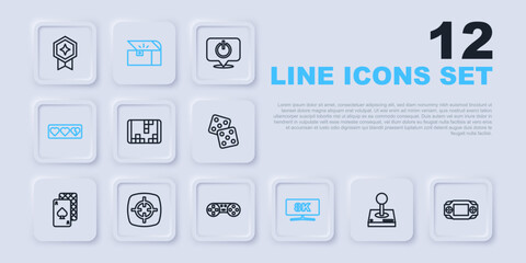 Set line Joystick for arcade machine, Portable video game console, Computer monitor, Game life bar, Target sport, Chest and controller joystick icon. Vector