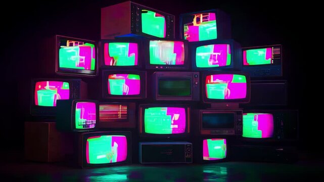 Old televisions with vibrant static patterns are stacked together in a dimly lit area, showcasing a blend of bright colors and nostalgia