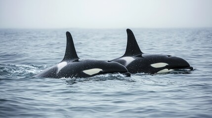 Fototapeta premium Two majestic orcas swimming gracefully together in calm ocean waters under a cloudy sky, showcasing their striking black and white markings in the wild