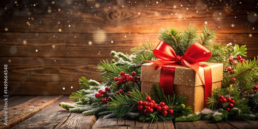 Poster a festive christmas gift wrapped in brown paper and adorned with a bright red satin ribbon, nestled 