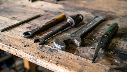 Rusty Hand Tools on Weathered Wooden Workbench