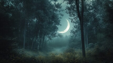 mystical forest bathed in the silvery glow of a crescent moon, with towering trees and thick underbrush
