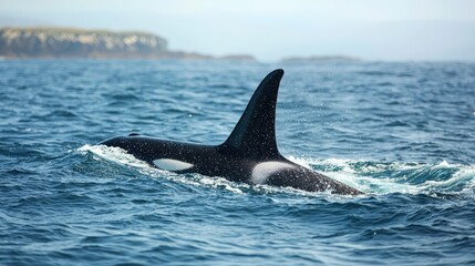 Fototapeta premium Majestic Orca Breaching the Ocean Surface in a Serene Marine Environment with Coastal Background Captured in Morning Light