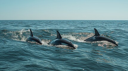 Fototapeta premium Group of Dolphins Swimming in Ocean with Clear Blue Water Under Bright Sky, Capturing the Essence of Marine Wildlife and Natural Beauty