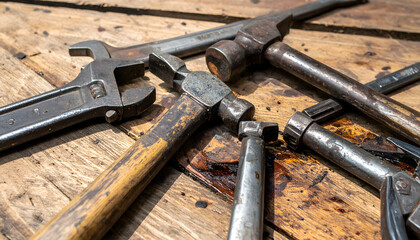 Rusty Vintage Tools on Weathered Wood