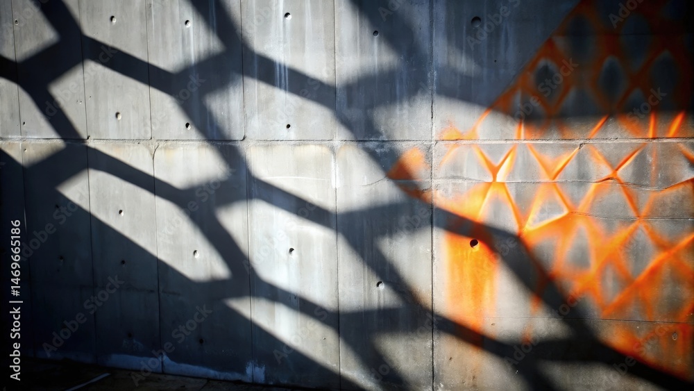 Poster Abstract geometric shadows cast on a concrete wall by an unseen structure creating a contemporary urban texture