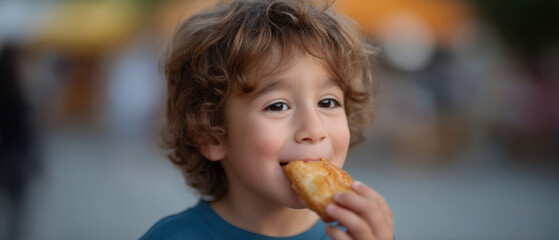 Naklejka premium Child happily enjoying pastry outdoors