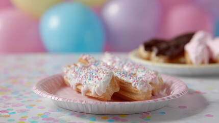 Churros with white icing and sprinkles on plate at festive party