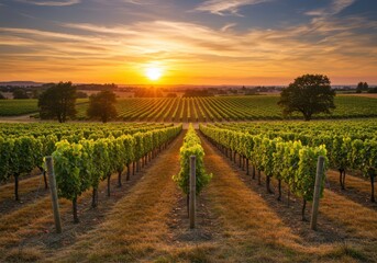 Vineyard rows at sunset scenic view