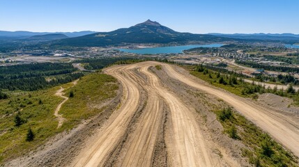 Fototapeta premium A winding dirt road on a hilltop overlooks a scenic valley, a lake, and a distant mountain under a clear blue sky.