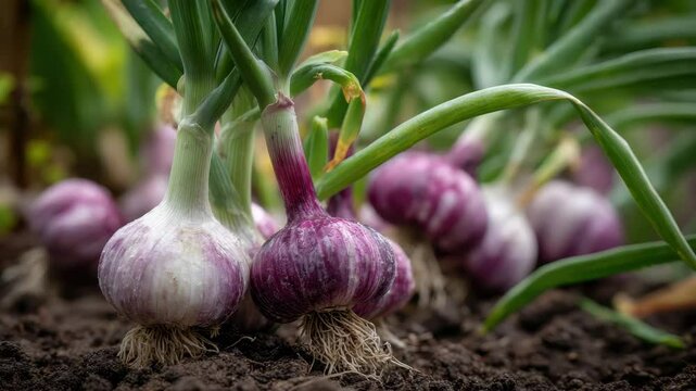 Freshly Grown Red and White Garlic Bulbs in the Garden Soil A Close Up View of Organic Garlic Harvest