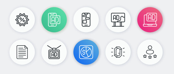 Set line Market analysis, Advertising, File document, Diamond, Mobile 24 hours support, Consumer product rating and icon. Vector