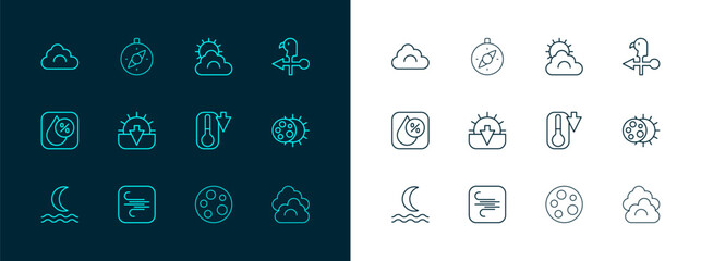Set line Rooster weather vane, Wind, Thermometer, Moon, Sunset, and cloud, Cloud and Compass icon. Vector
