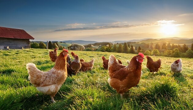 traditional organic free range poultry farm hens grazing on lush grass under a clear sky with warm rustic atmosphere conveying peaceful and pastoral feel